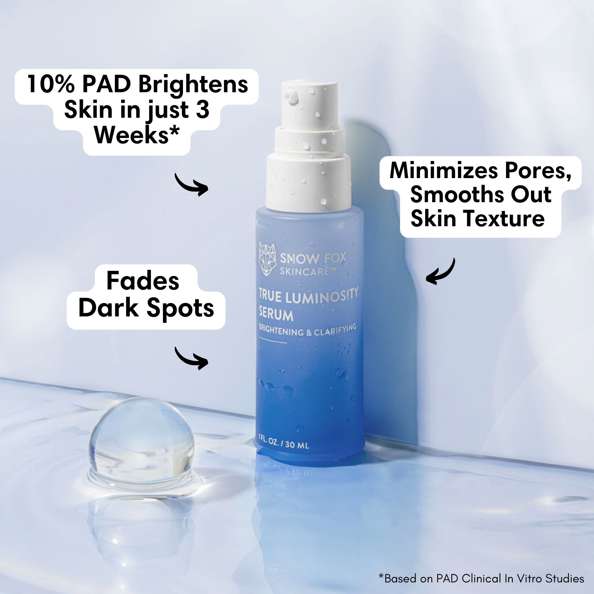 A 10% PAD solution brightening serum that relieves redness, fades hyperpigmentation and minimizes the look of enlarged pores.