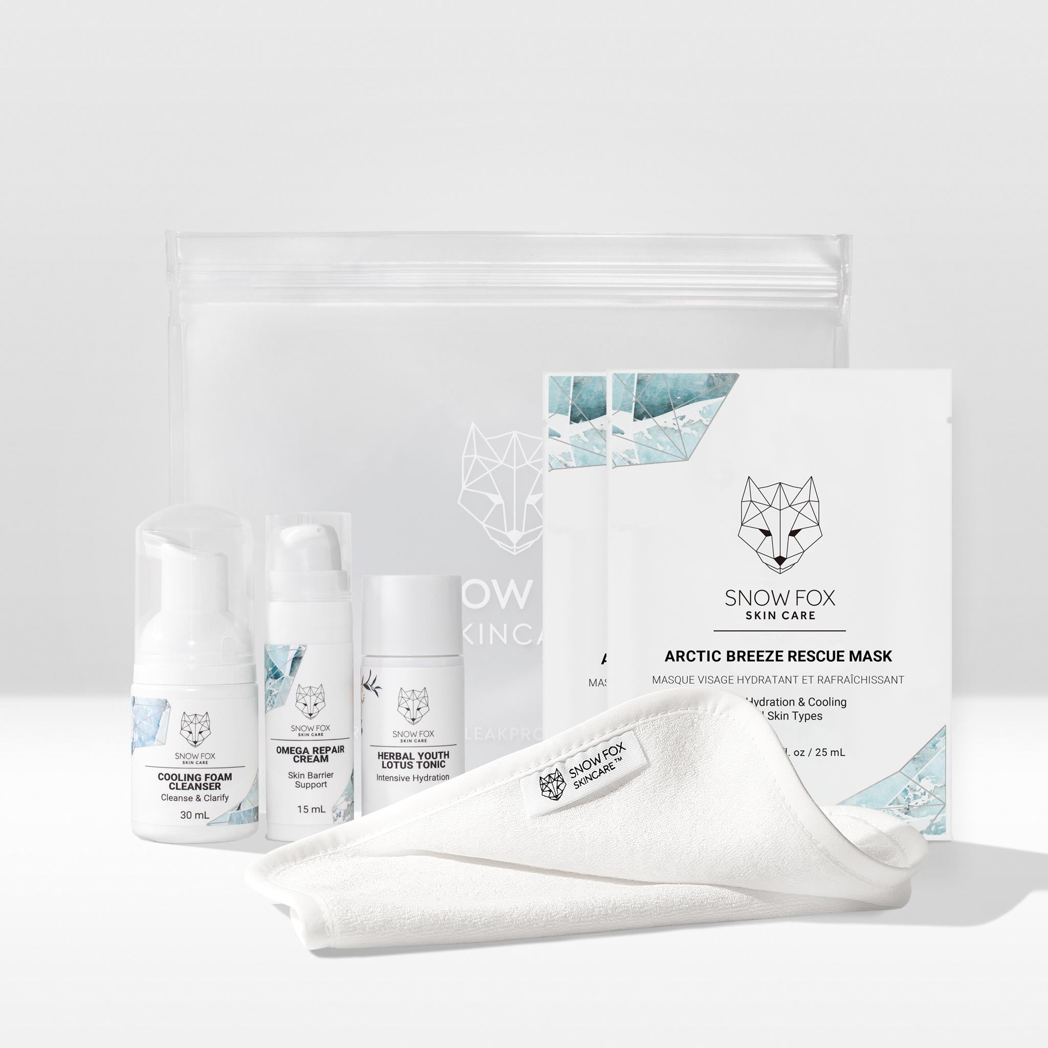 Cooling Foam Cleanser — 30 mL  Arctic Breeze Rescue Mask — 2 sheets  Herbal Youth Lotus Tonic — 30 mL  Omega Repair Cream — 15 mL Organic Cotton & Bamboo Facial Cloth — 1 cloth Leakproof, Water Resistant, Resealable Travel Pouch — 1 bag