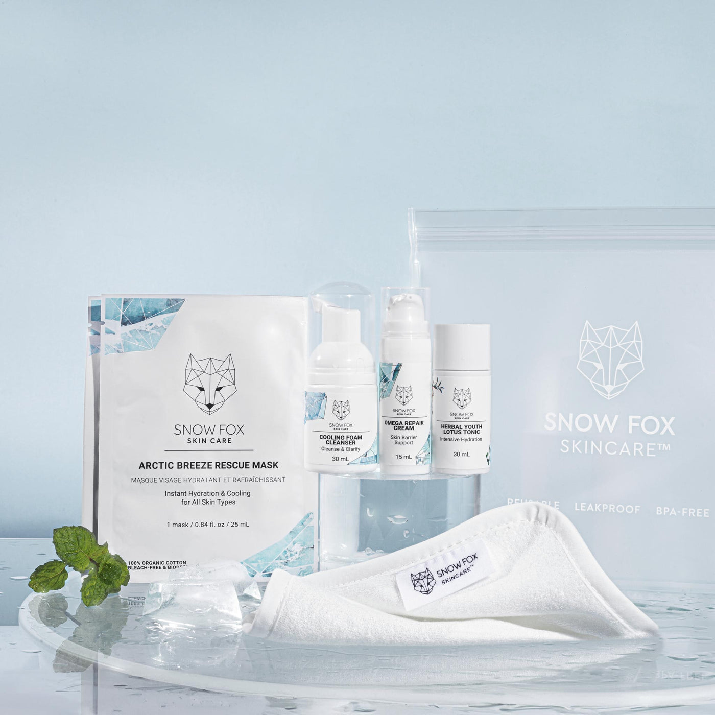 Cooling Foam Cleanser — 30 mL  Arctic Breeze Rescue Mask — 2 sheets  Herbal Youth Lotus Tonic — 30 mL  Omega Repair Cream — 15 mL Organic Cotton &amp; Bamboo Facial Cloth — 1 cloth Leakproof, Water Resistant, Resealable Travel Pouch — 1 bag
