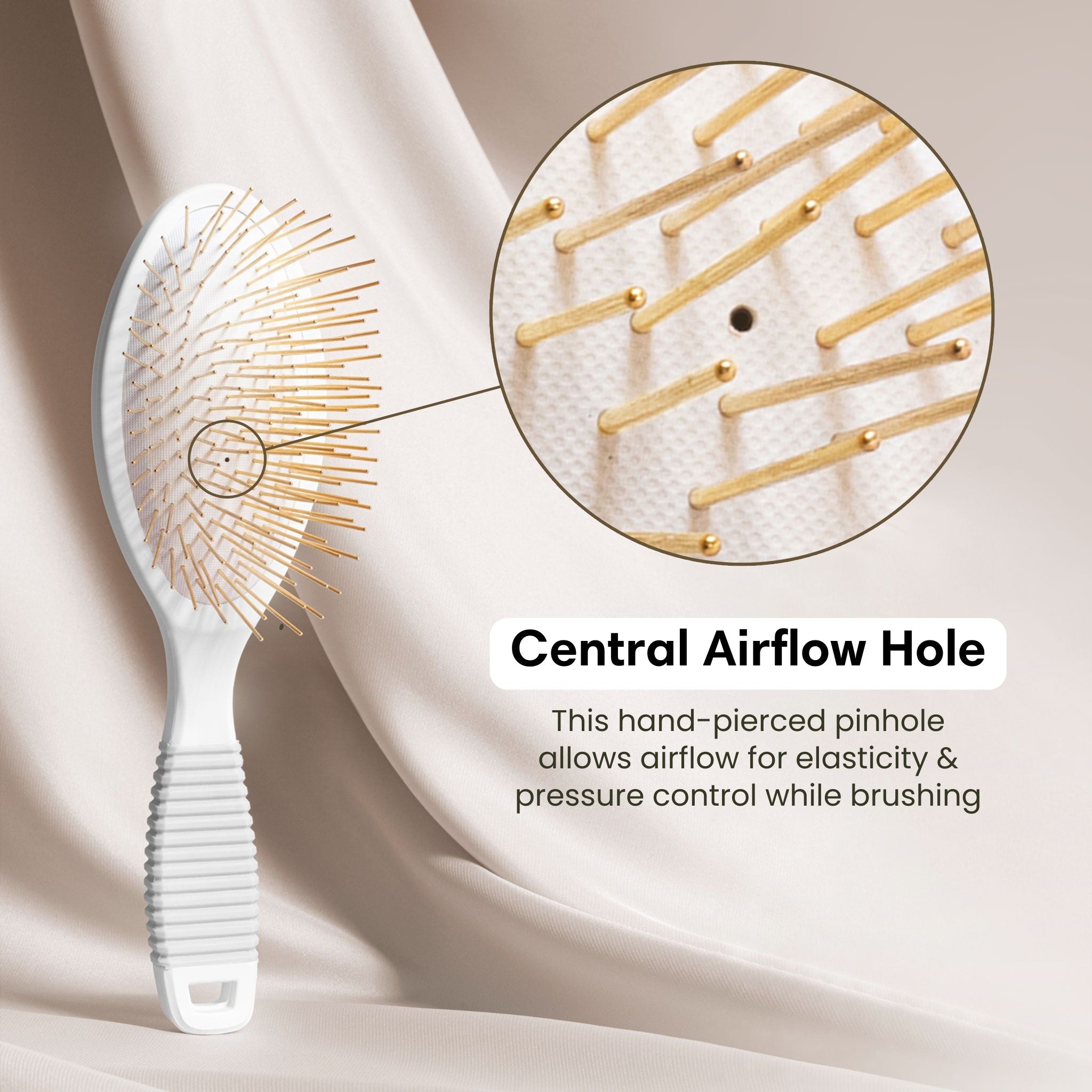 Stimulate acupressure points and promote healthy hair growth with our 24k gold-plated Gua Sha Hair & Scalp Brush.